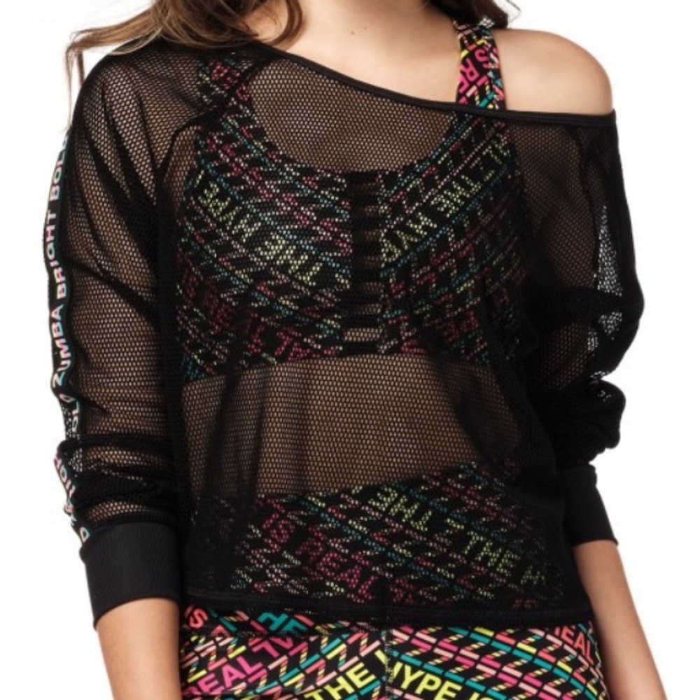 Bright Bold Zumba off the shoulder mesh top